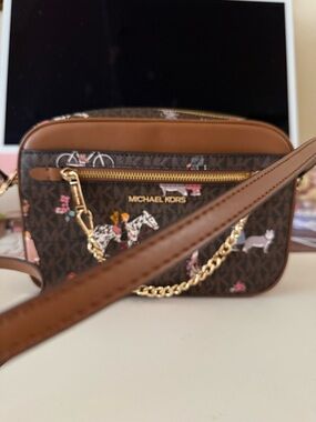 Michael Kors Brown Logo Print Crossbody with Floral and Animal Accents